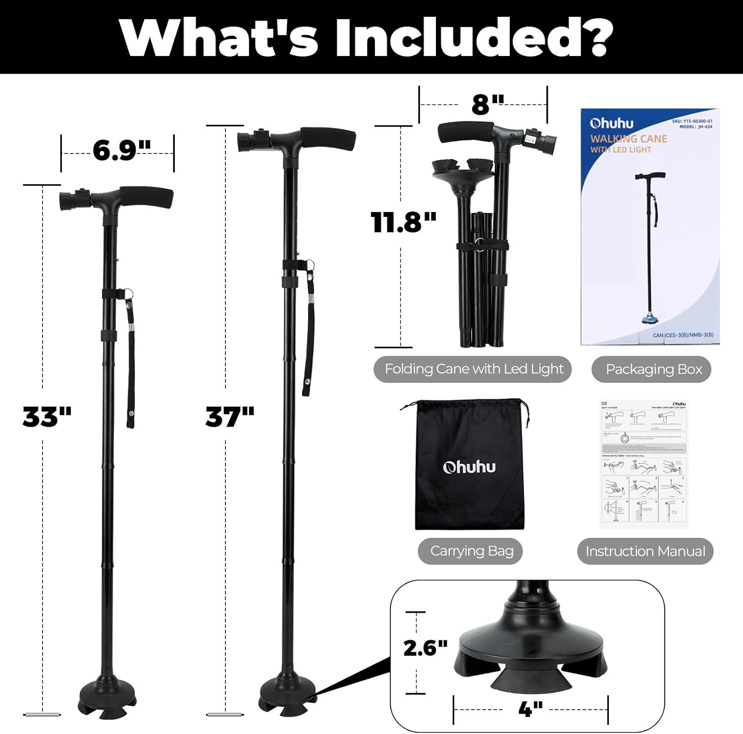 Foldable Walking Cane with LED Light